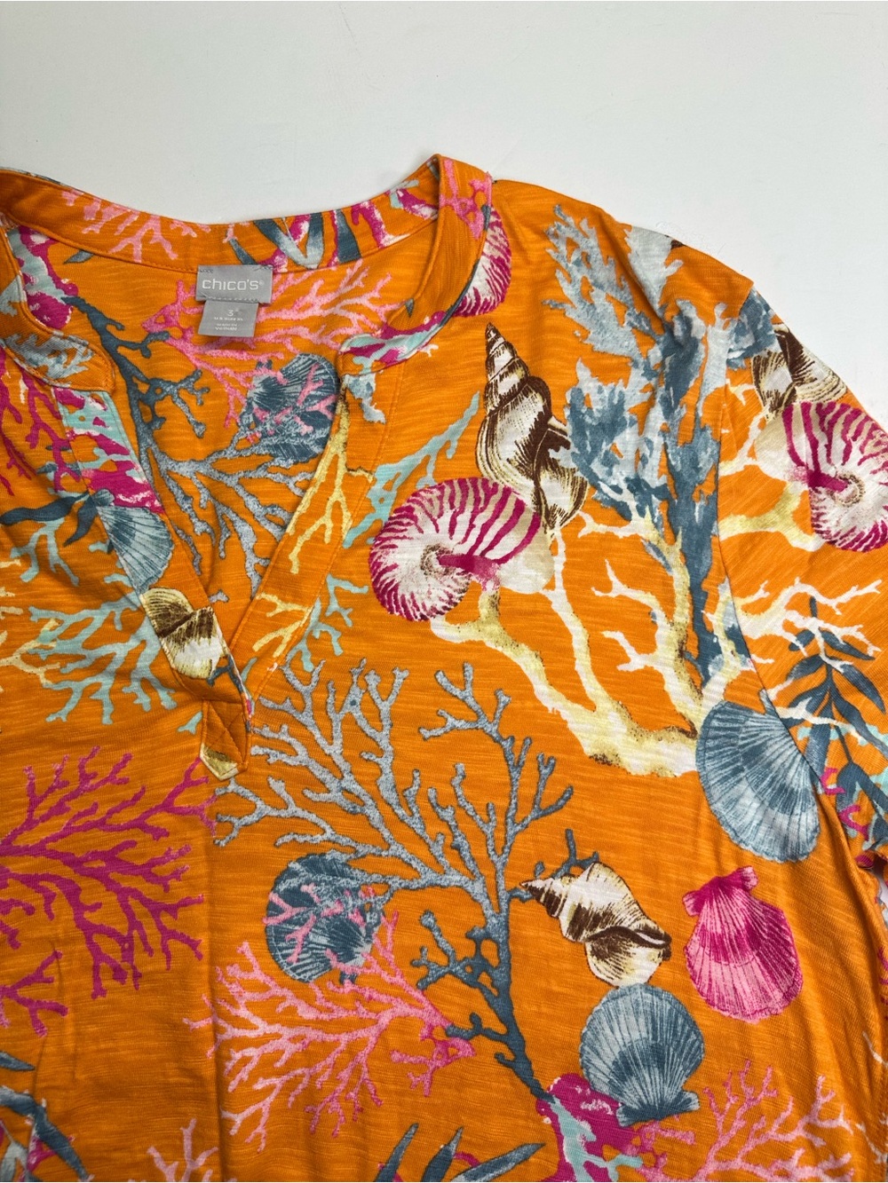Chico's Slub Tunic, Coral Reef Seashell Pattern, Cotton Blend, Sharkbite Hem XL
